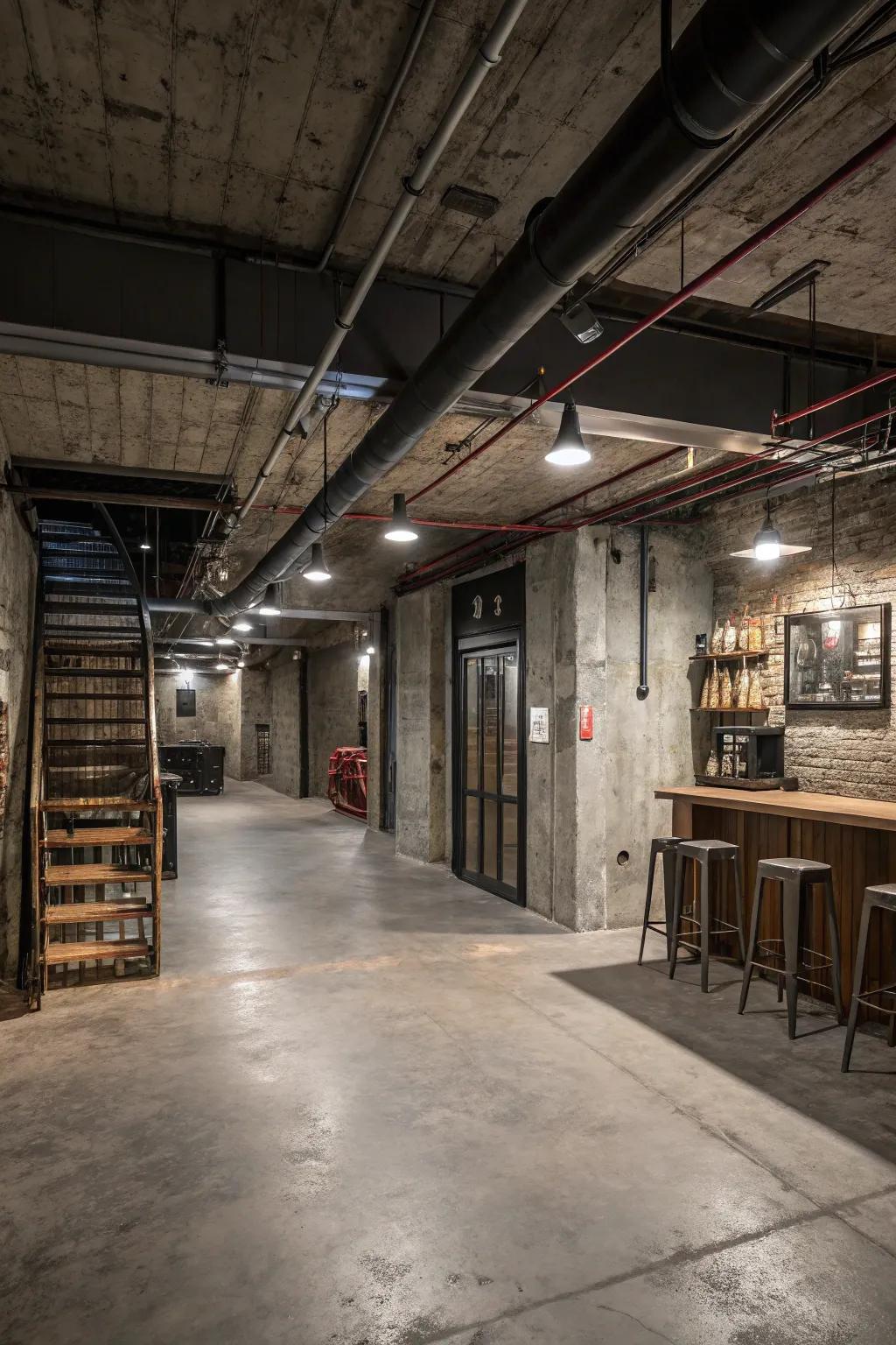 Embrace industrial chic with concrete floors, exposed beams, and metallic accents.