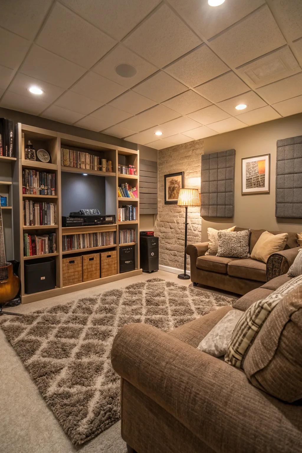 Soundproofing improves the peace and comfort of this basement family area.