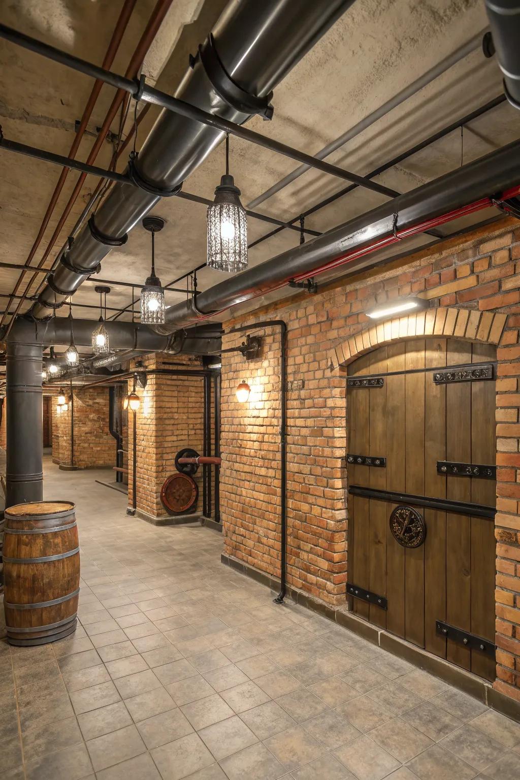 Brick panels provide a vintage and industrial appeal to basement spaces.