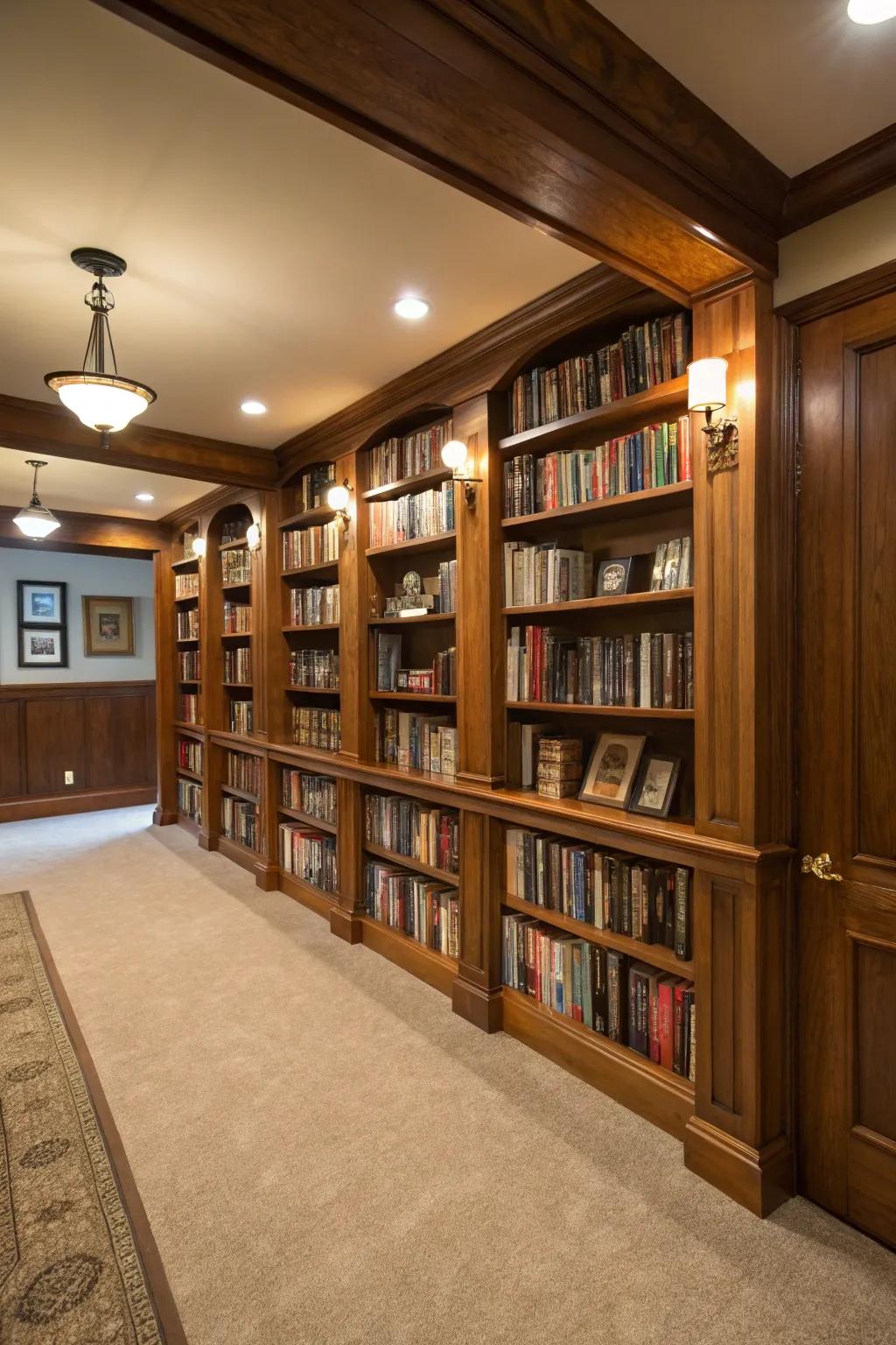 A fashionable home library is nestled in the basement, displaying warm timbers and cozy reading spots.