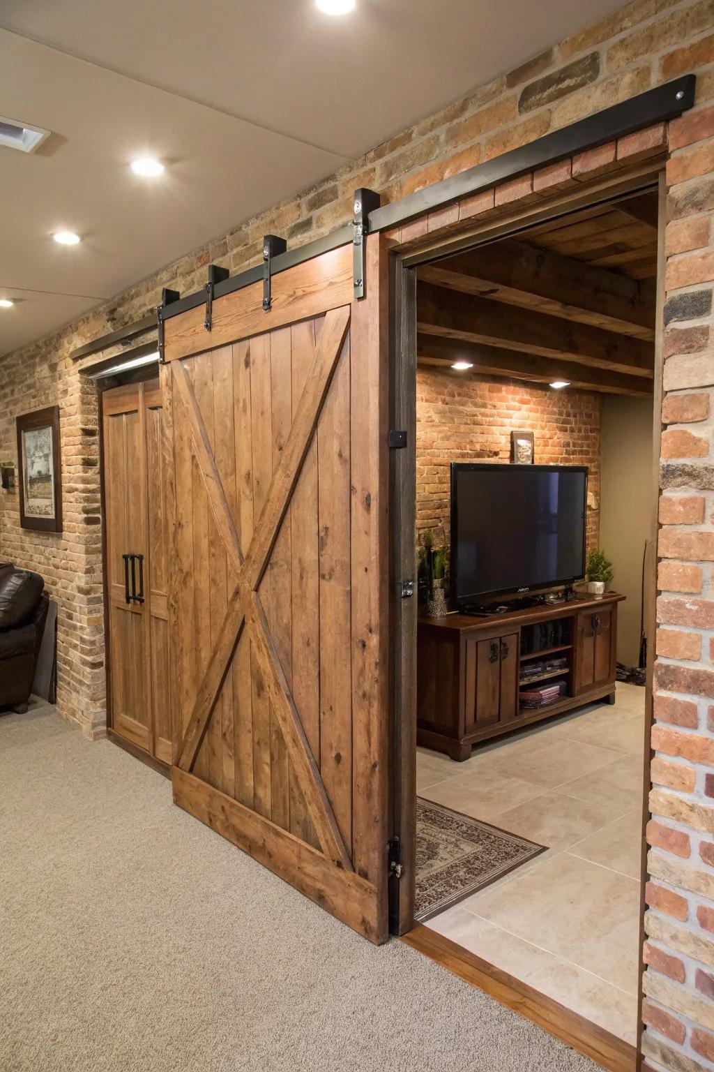 A basement TV feature showcasing a sliding barn entrance that infuses countryside charm and functionality.