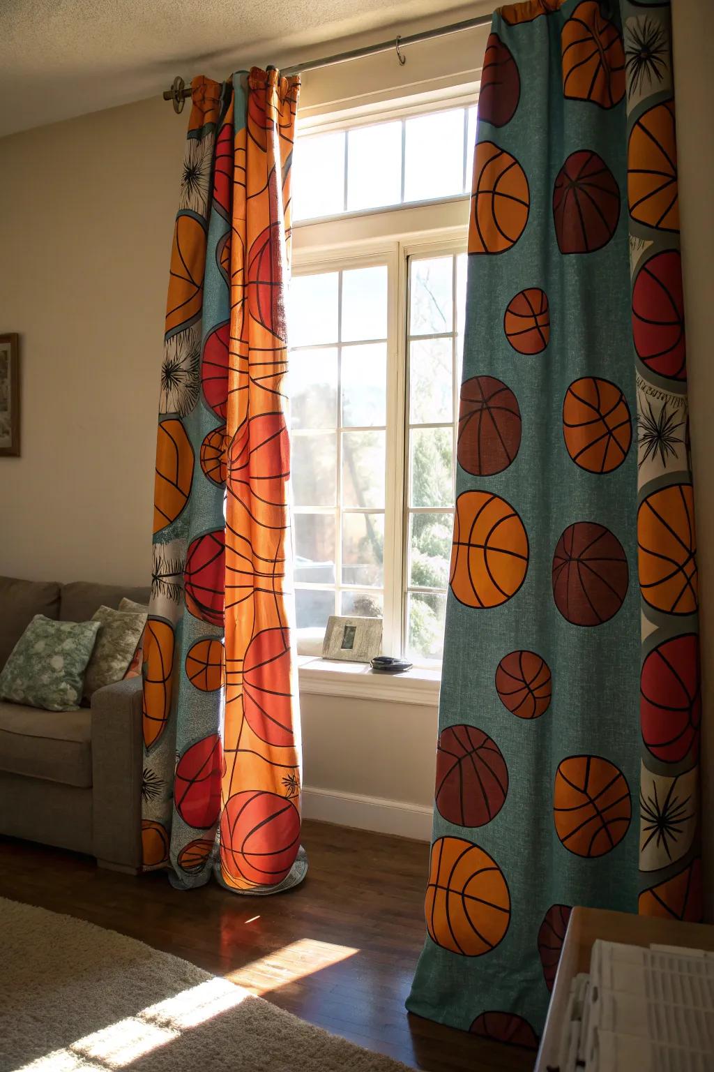 Basketball print curtains add a fun, playful feel.