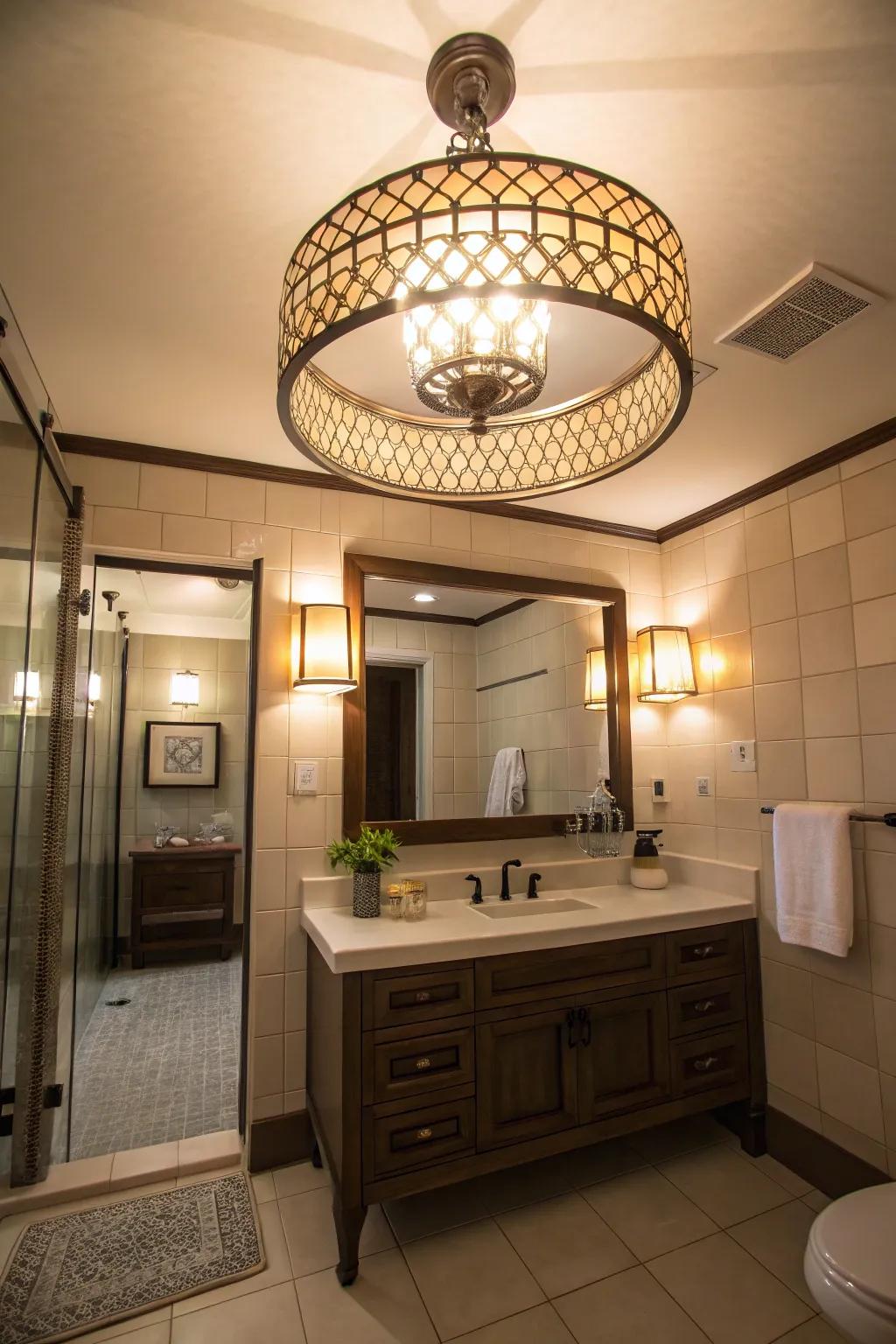 A striking lighting element creates drama and focus in minimalist spaces.