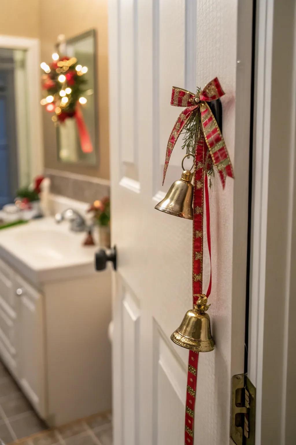 Holiday chimes contribute a celebratory jingle within this powder room portal.