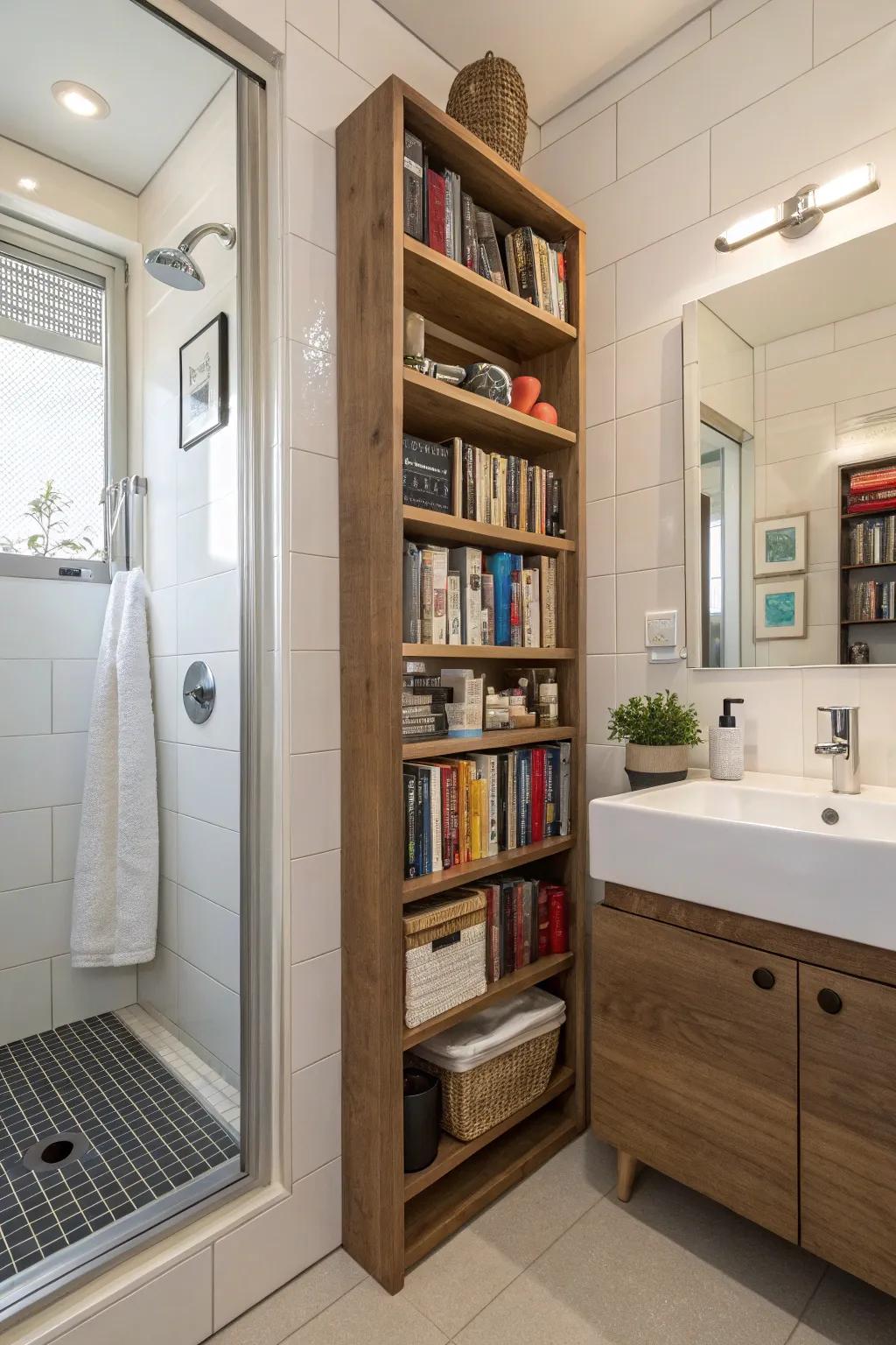 Bookshelf partitions bring style and storage to the bathroom.
