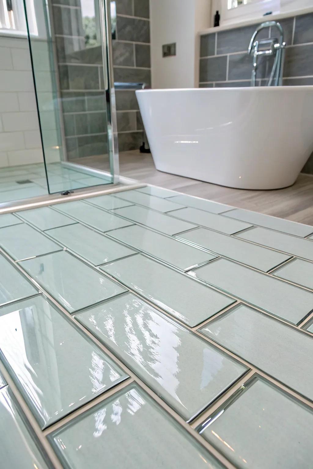 Vitreous tiling furnishes a sleek, modern finish augmented by illumination.