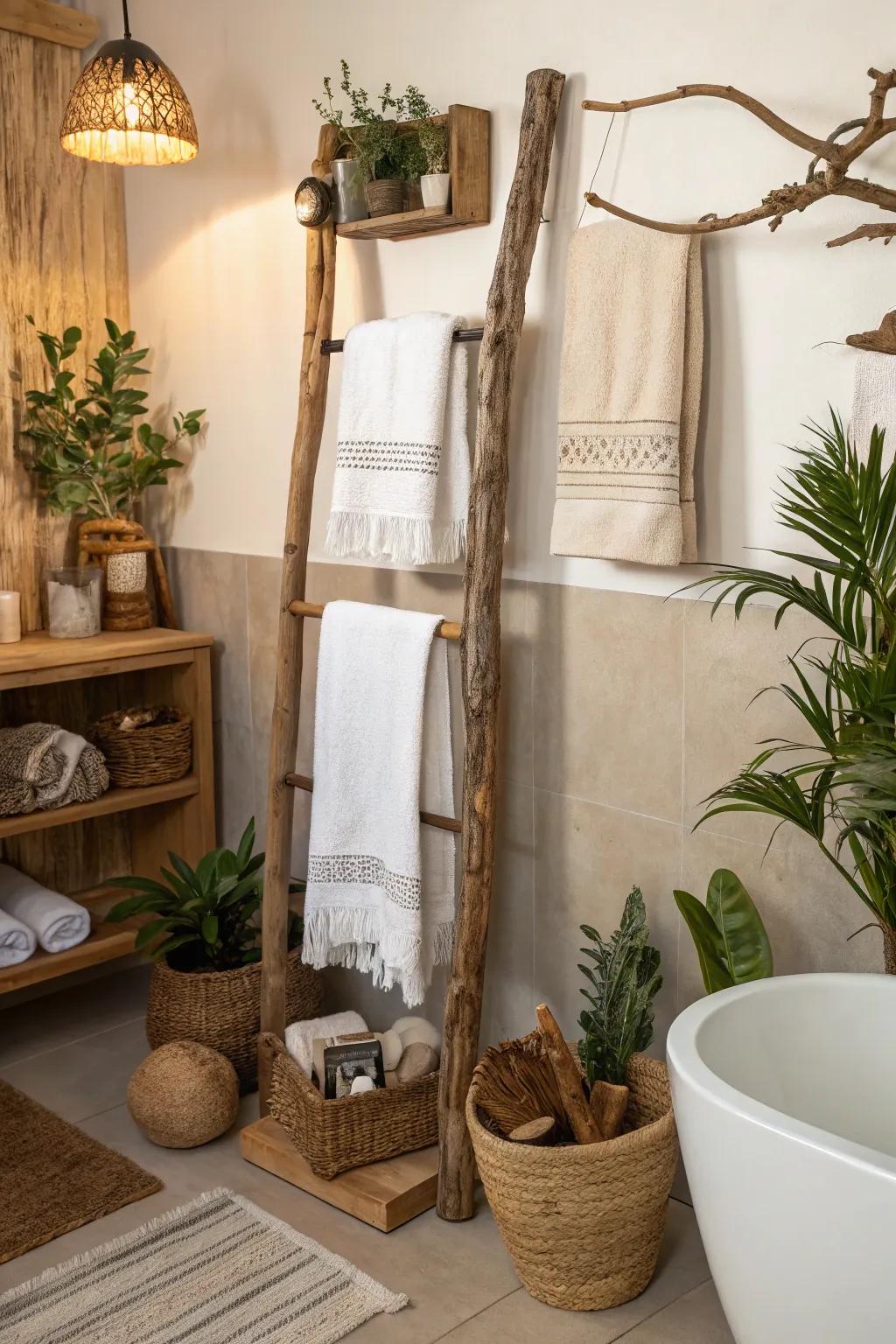 Natural elements add an eco-friendly touch to towel displays.