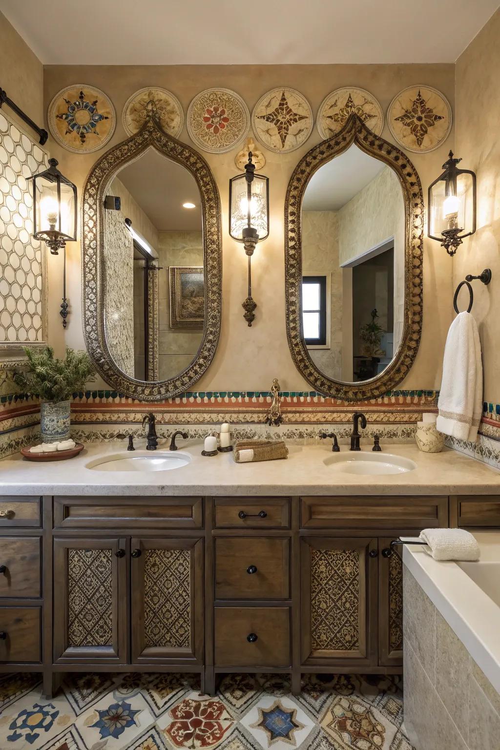 Different shapes create an eclectic and personalized mirror arrangement.