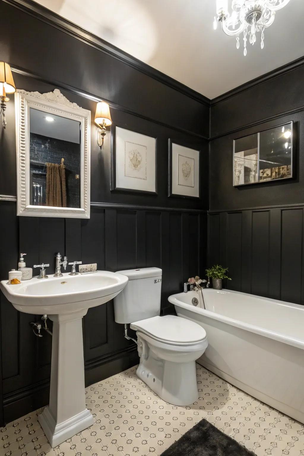 Black walls create a strong and dramatic bathroom statement.