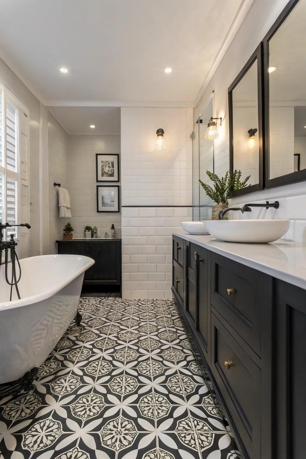 Monochrome resilient flooring adds timeless sophistication to this elegant bathroom.