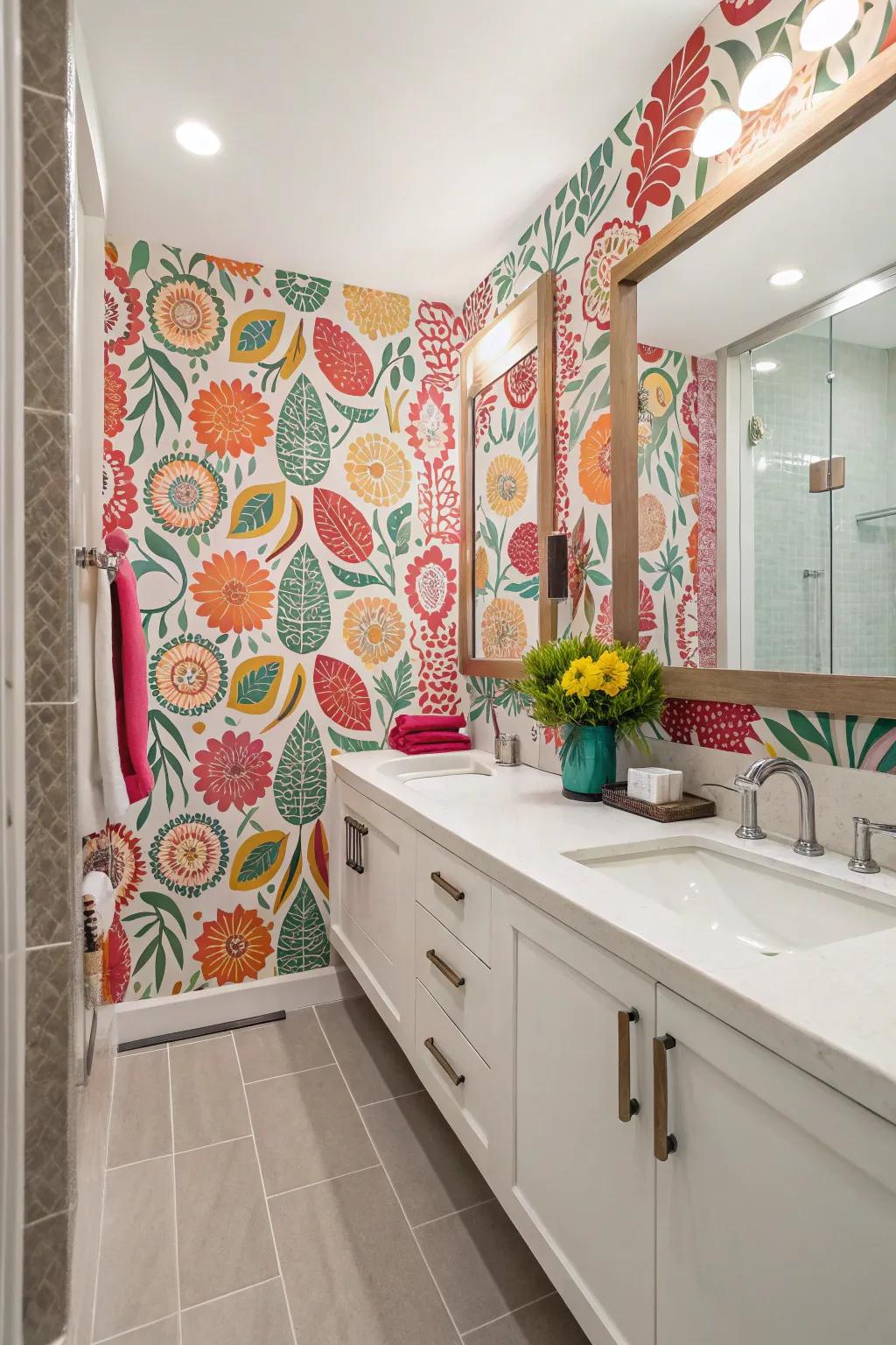 Vibrant patterns turn bathroom walls into artistic statements.