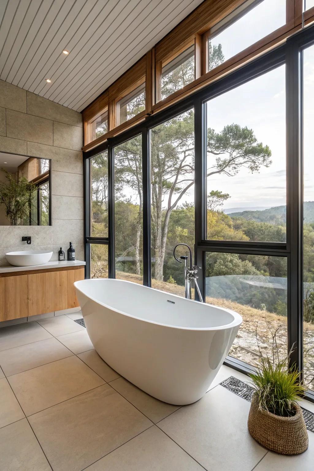 A uniquely shaped tub establishes a daring statement within this bathroom.
