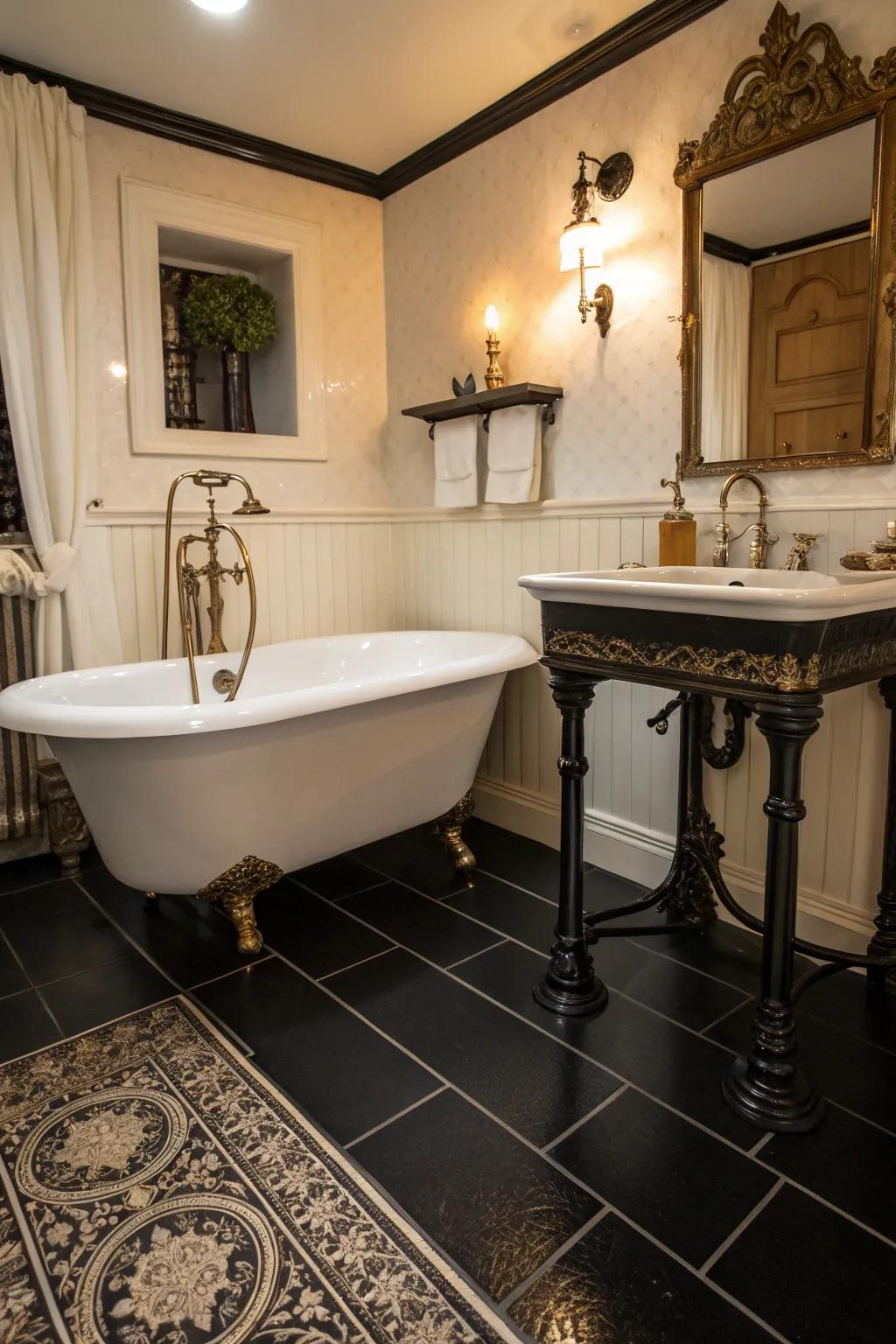 Vintage-inspired fixtures add nostalgia and elegance to the black floor.