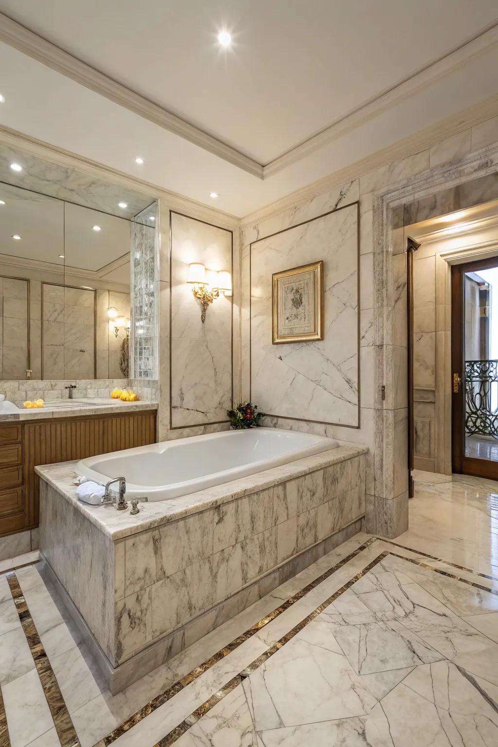 A luxurious bathroom featuring a tub with an elegant marble surround.