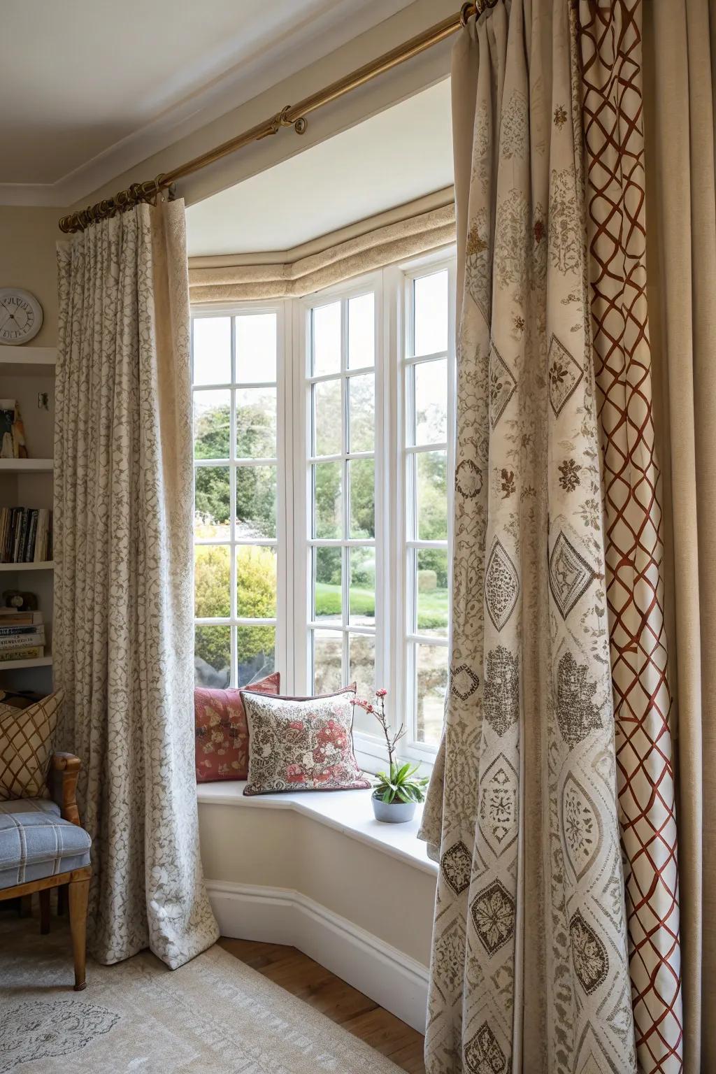 Handcrafted curtains add a unique and artisanal touch to bay windows.