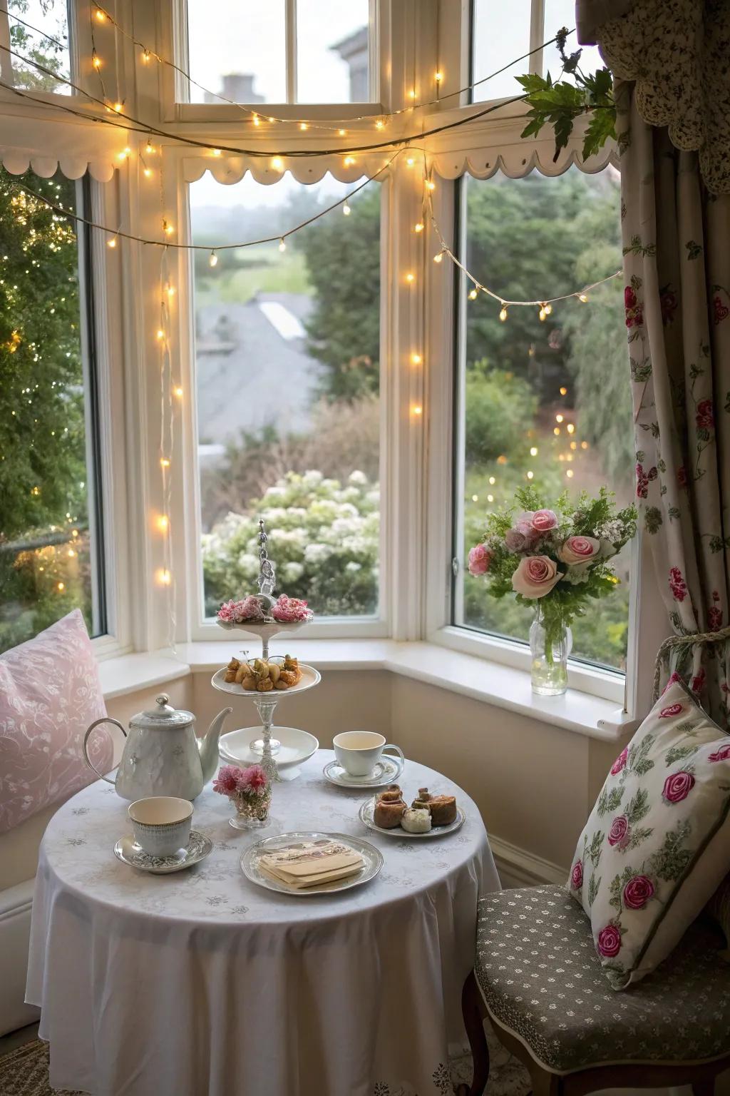 A whimsical tea spot in the bay window is ideal for enchanting afternoon get-togethers.