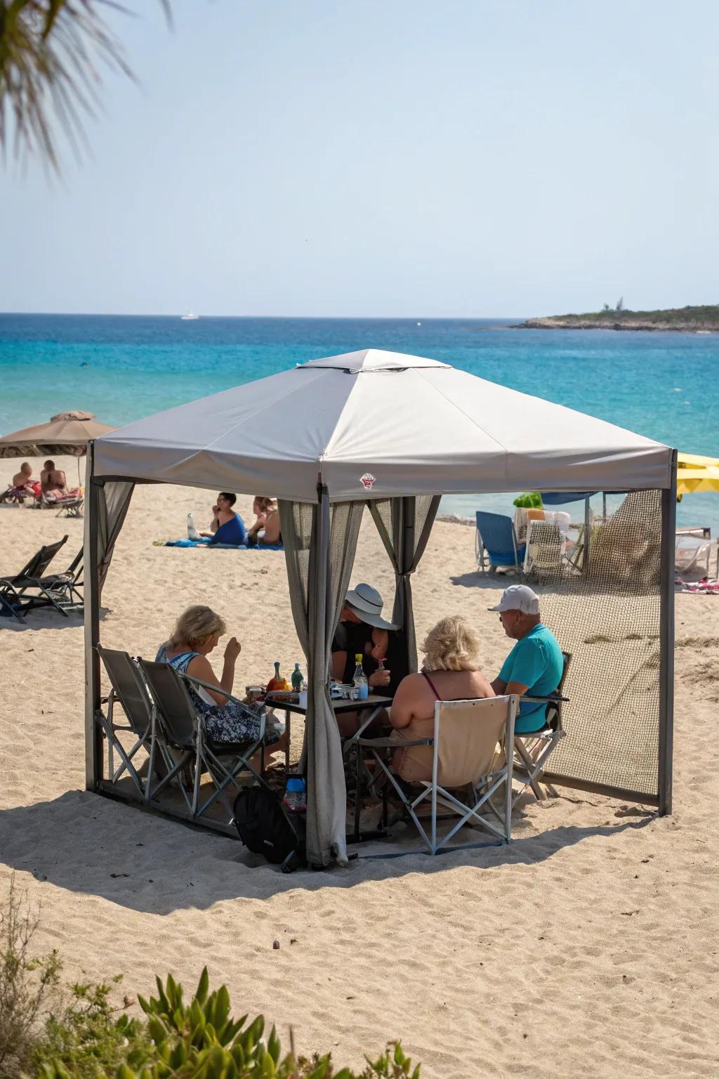 Mobile gazebos provide ample shade for large beach groups.