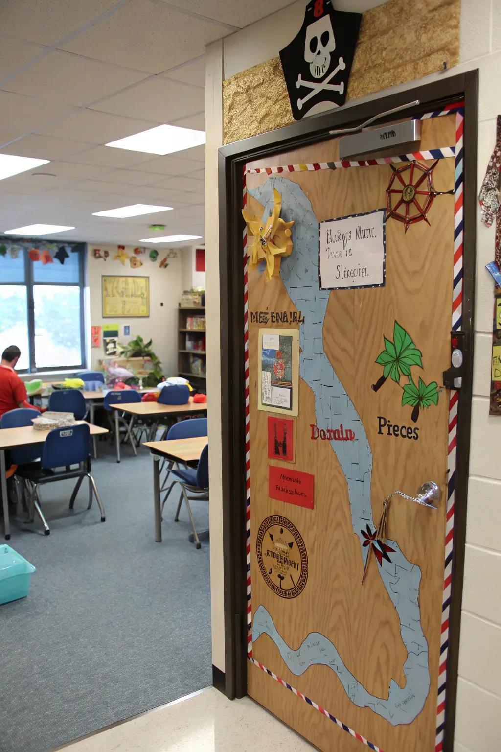 A classroom door with a pirate's refuge theme for imaginative escapades.