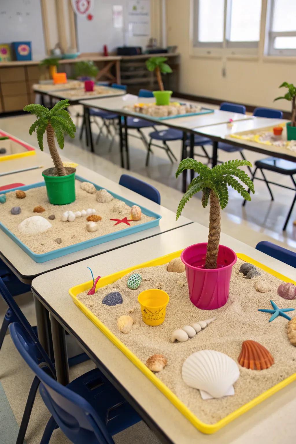 Beach cove table decor creates a cohesive and charming classroom atmosphere, perfect for group work and collaborative learning.
