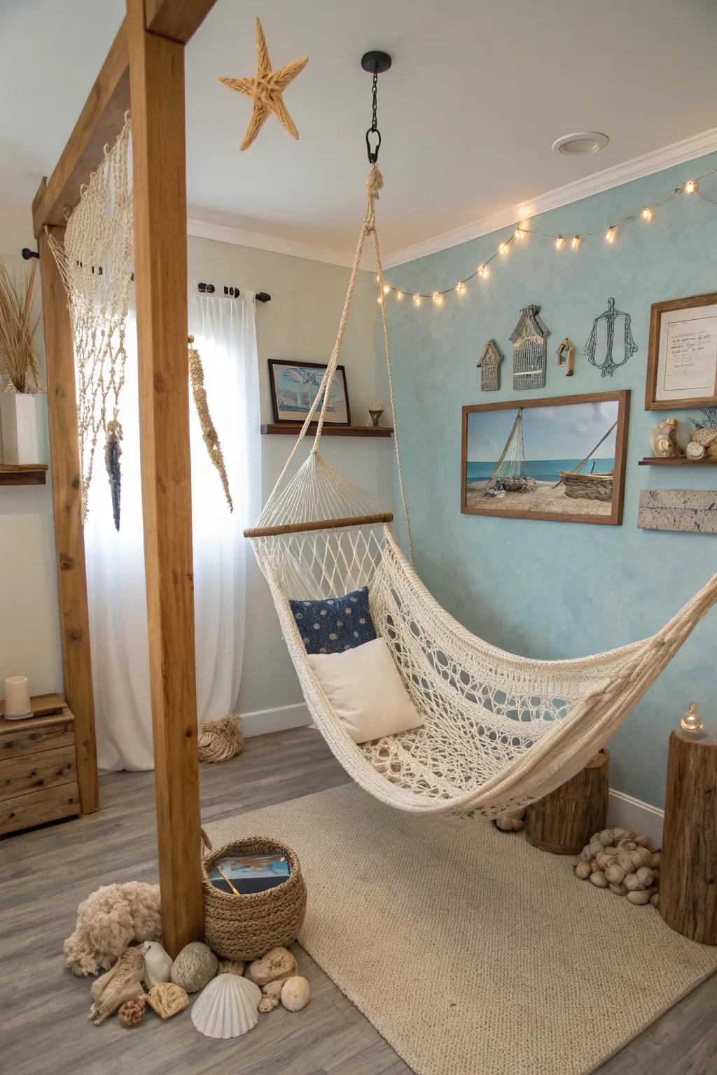 A suspended lounge offers a relaxed, beachy vibe.