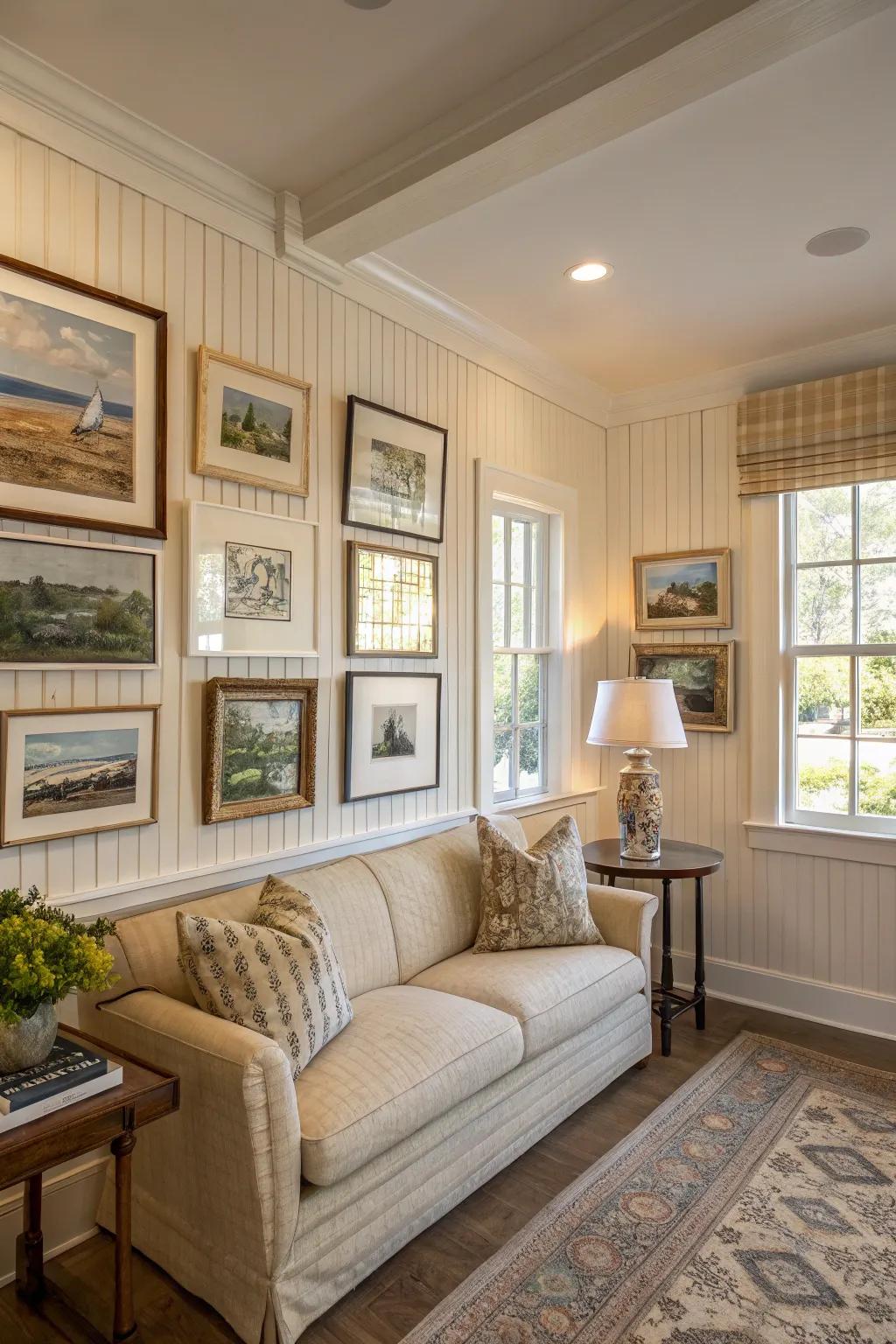 An artistic living room featuring neutral beadboard walls.