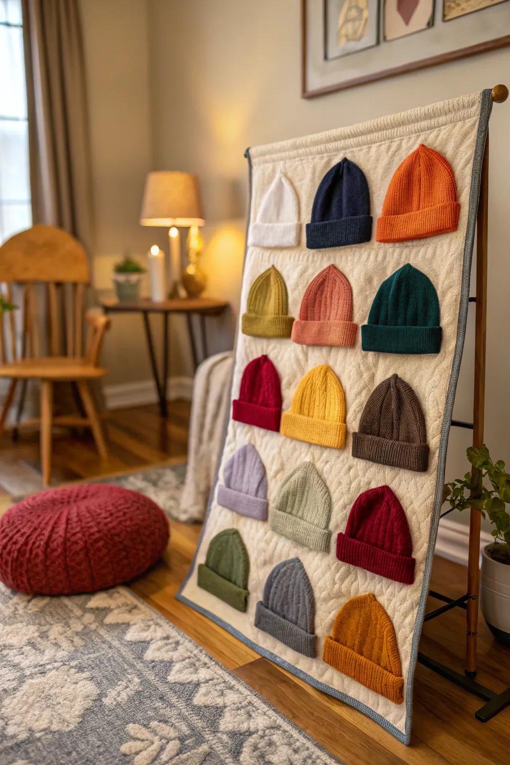 A quilted beanie wall adds warmth and texture, transforming your space into a cozy sanctuary.