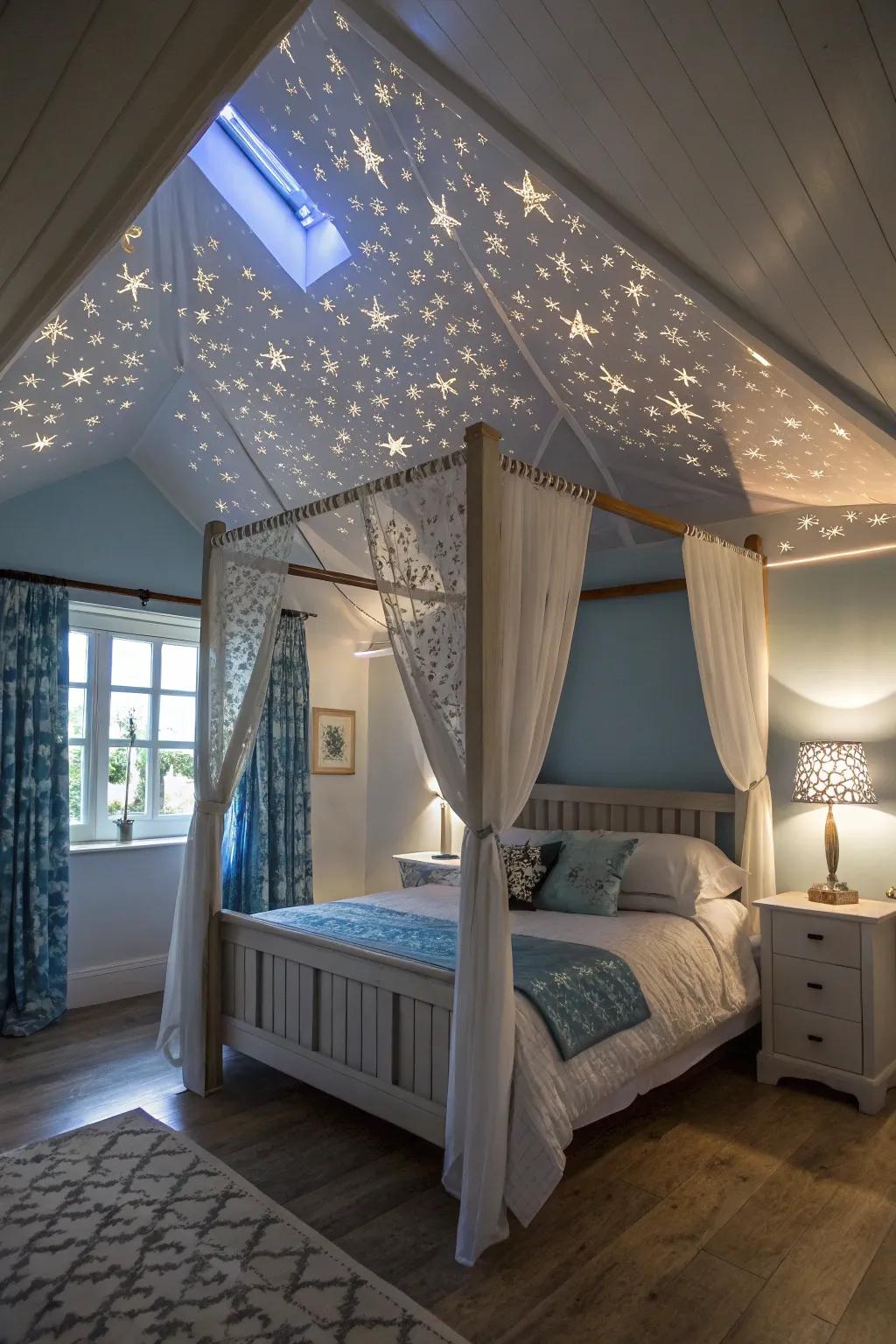 A light projector transforms the canopy into a visual spectacle.