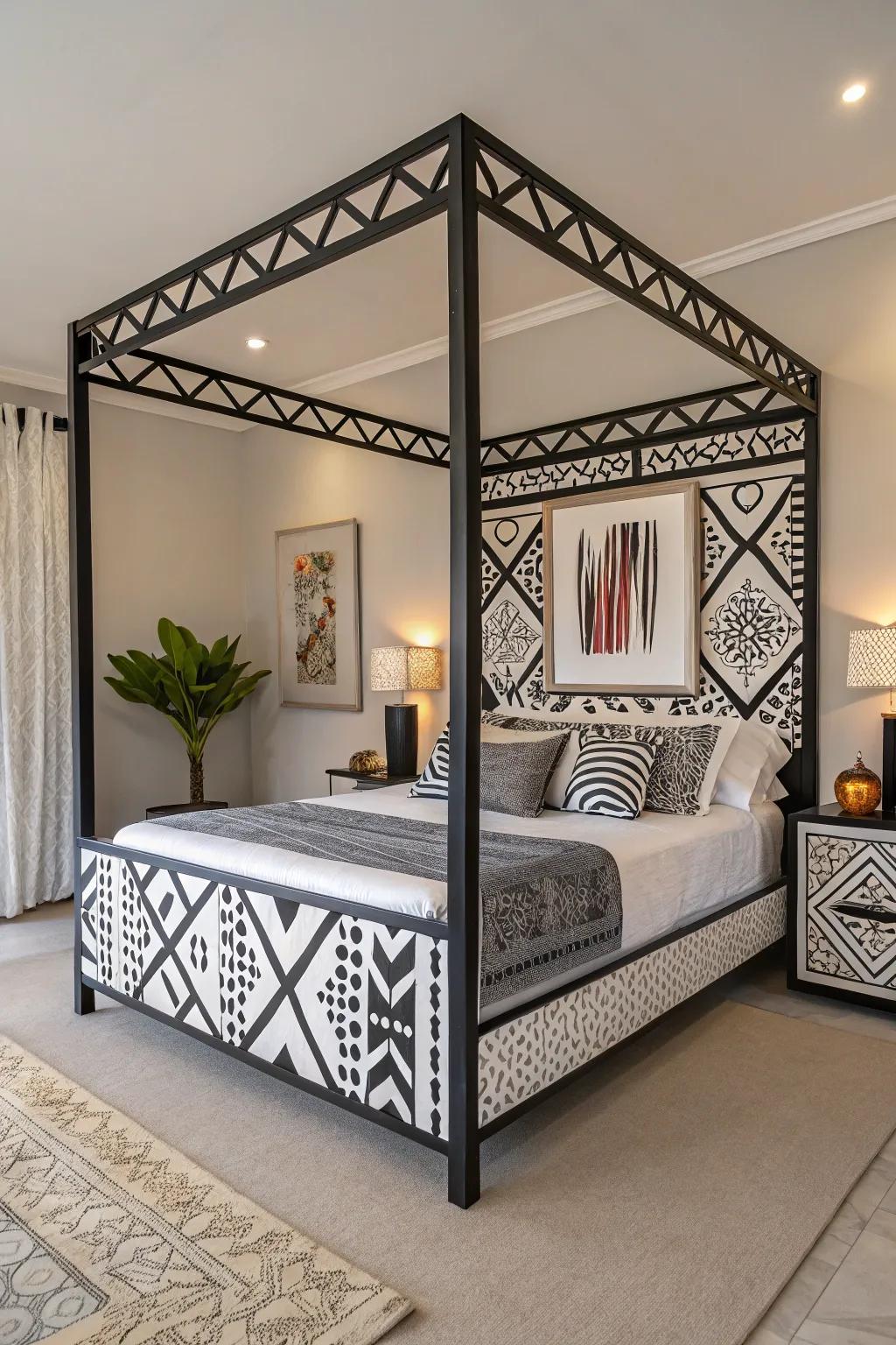 A shaped bed frame adds a modern and artistic twist.