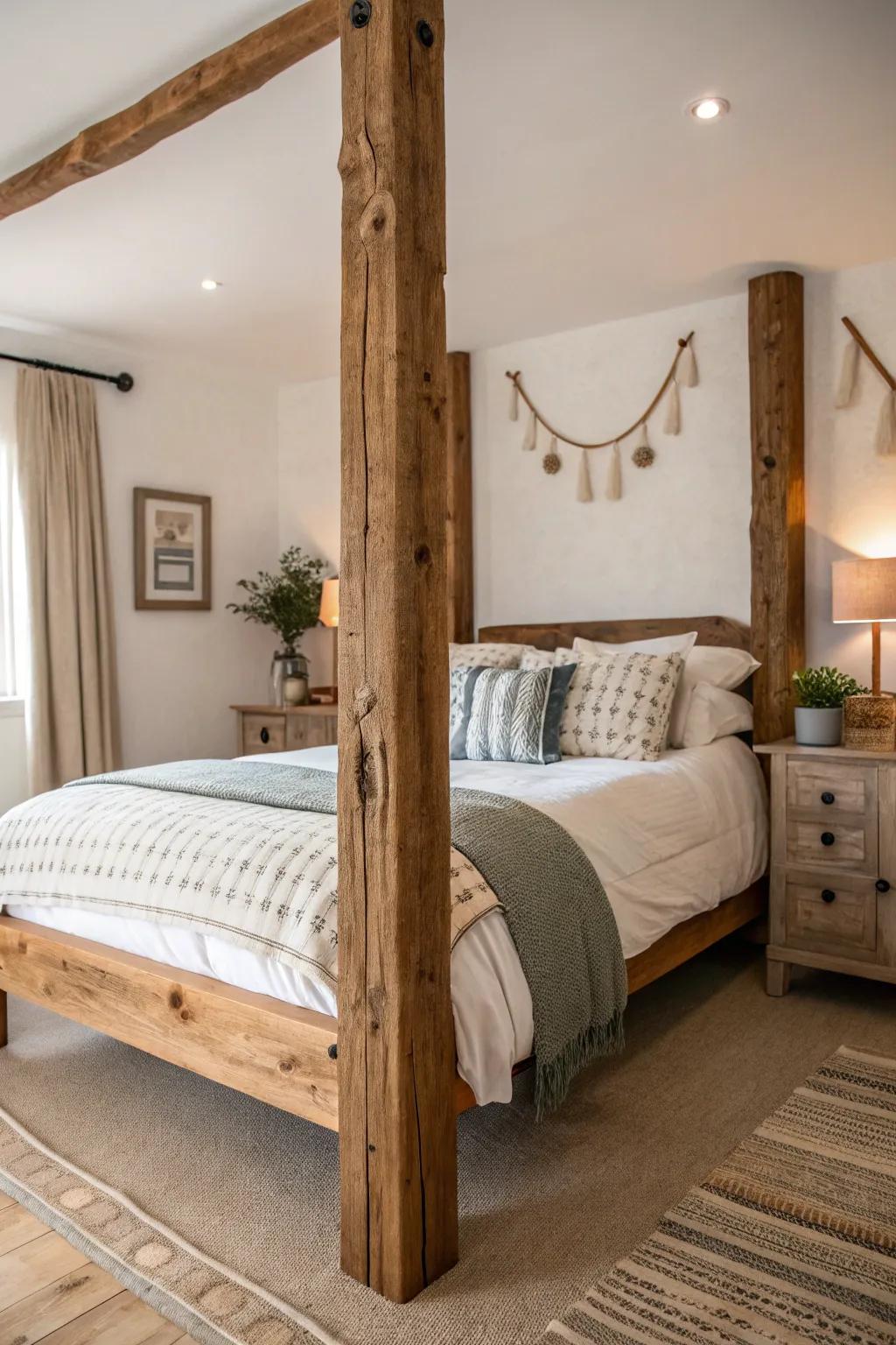 Recycled timber bedposts provide an eco-friendly and unique touch.