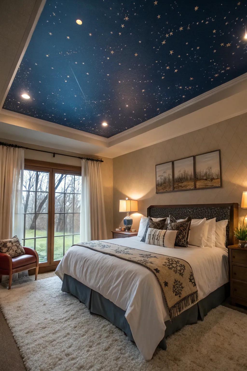 A bedroom that surprises with a feature ceiling.