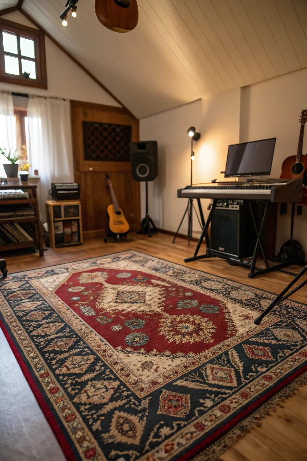 A cozy rug adds acoustic comfort and design to your music space.