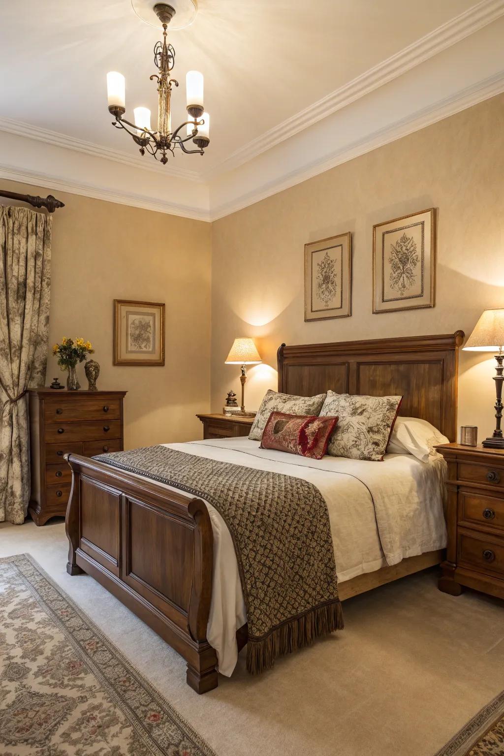 A classic bedroom with sandstone walls, offering warmth and timeless appeal.