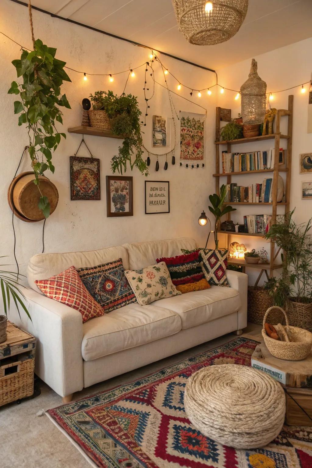 A bohemian living space with a wheat-toned sofa and an array of vibrant patterns.
