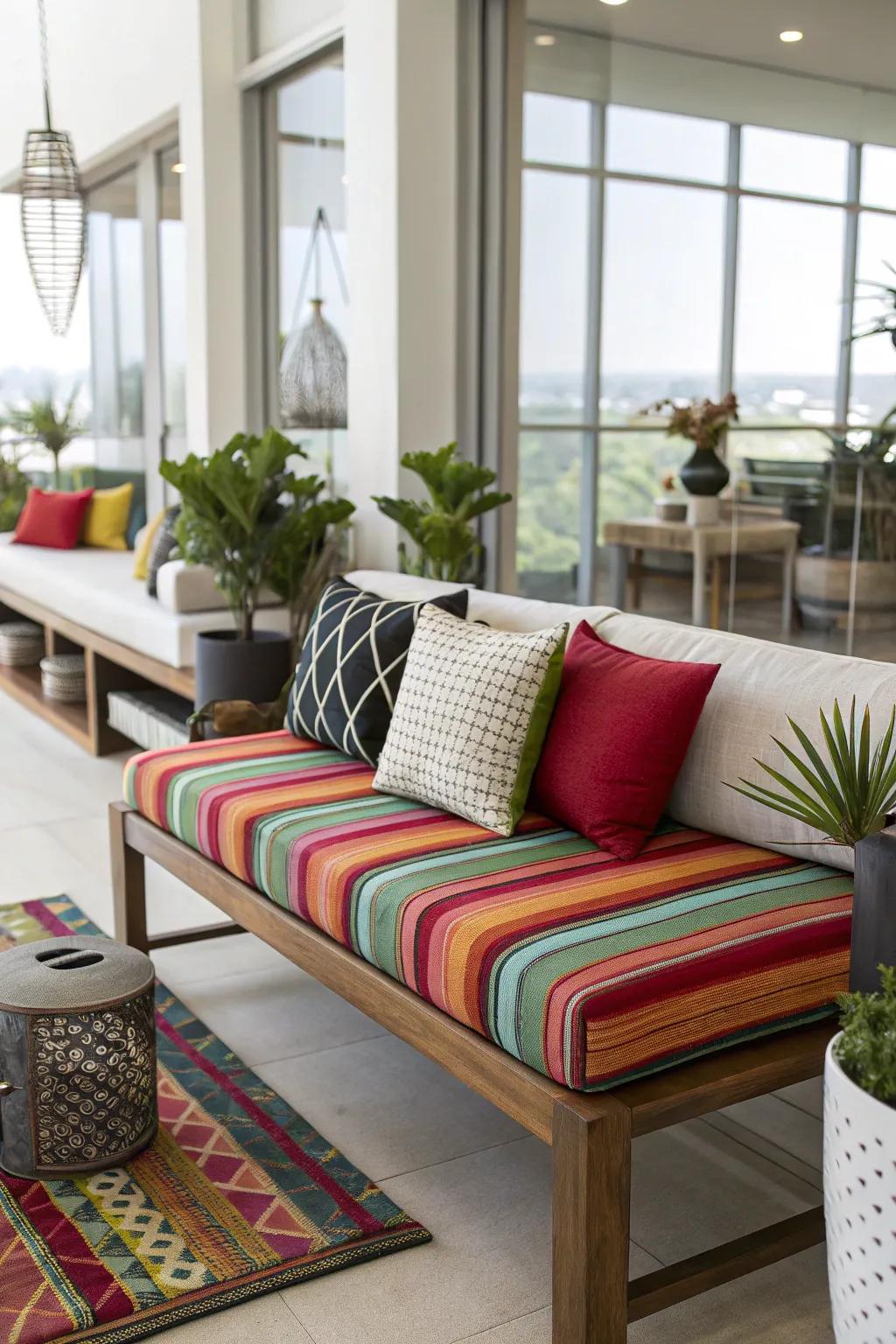 Daring stripes bring dynamic energy to your bench.
