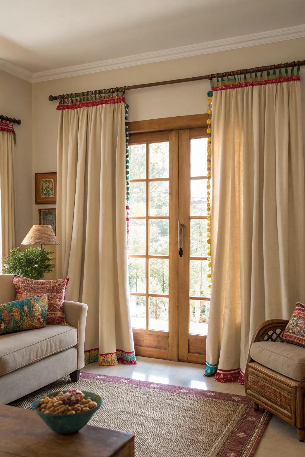 Playful decorations add personality and charm to simple window coverings.