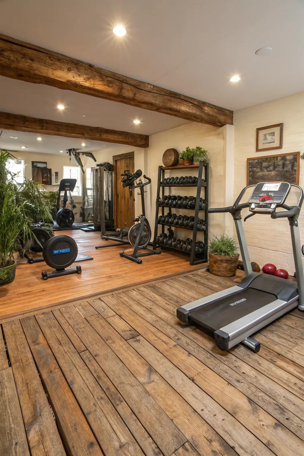 Recycled timber infuses warmth and sustainability into your gym layout.