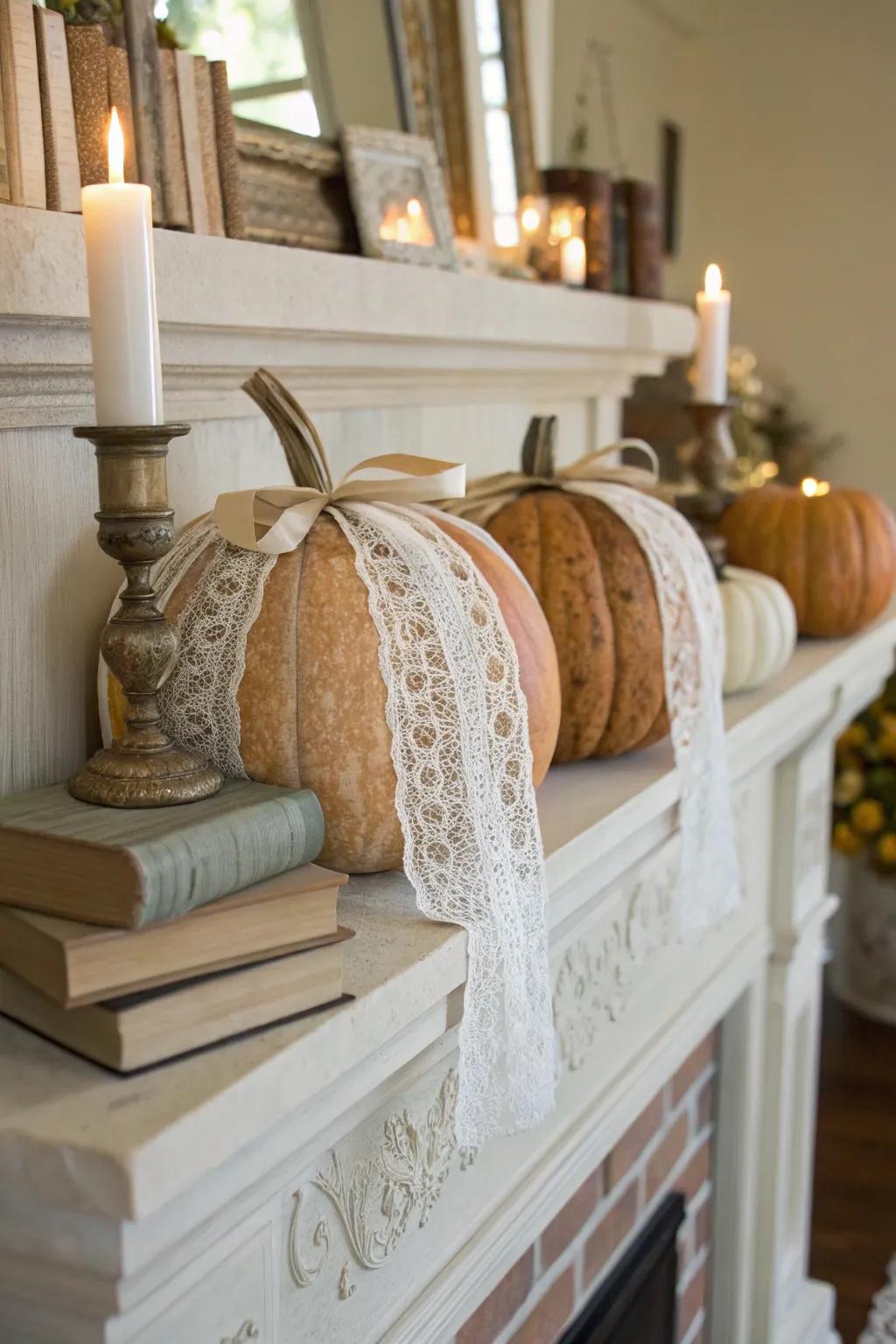 Infuse romance utilizing pumpkins wrapped in antique mesh.