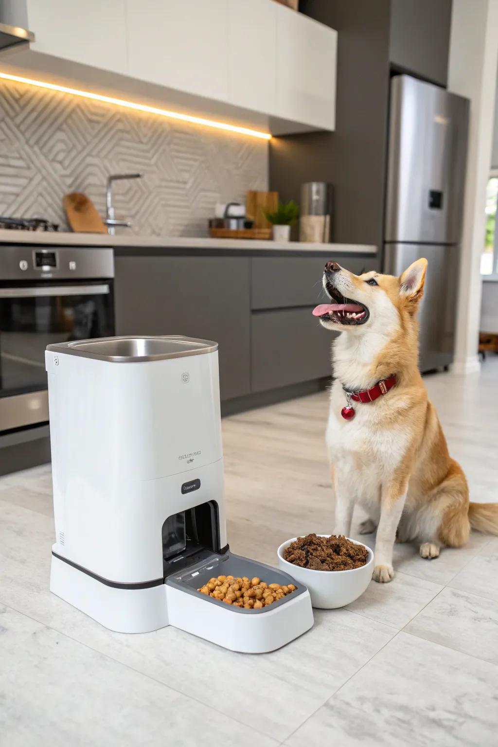 An intelligent pet dispenser ensures pets are well-fed, even when their owners are busy or away from home.