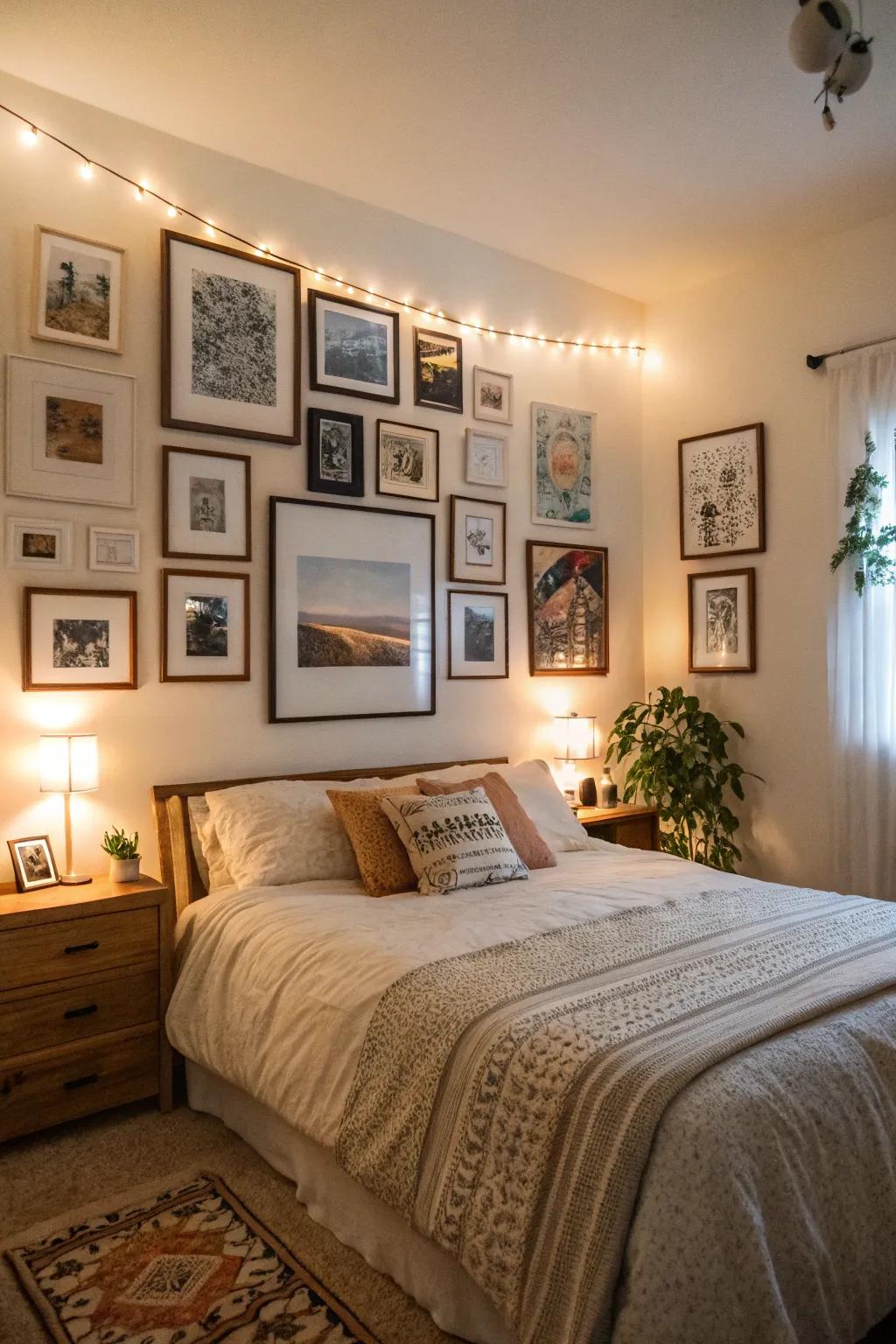 An expansive bedroom featuring a curated showcase wall of personal art.