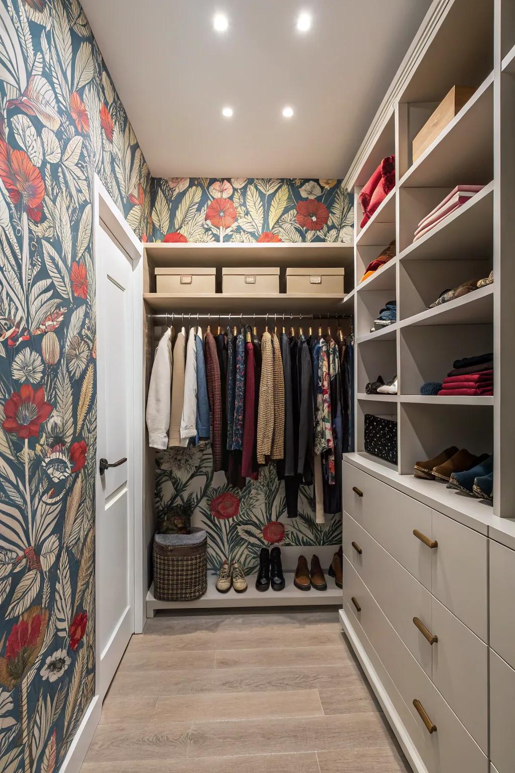 A closet with a bold statement wall featuring unique wallpaper.