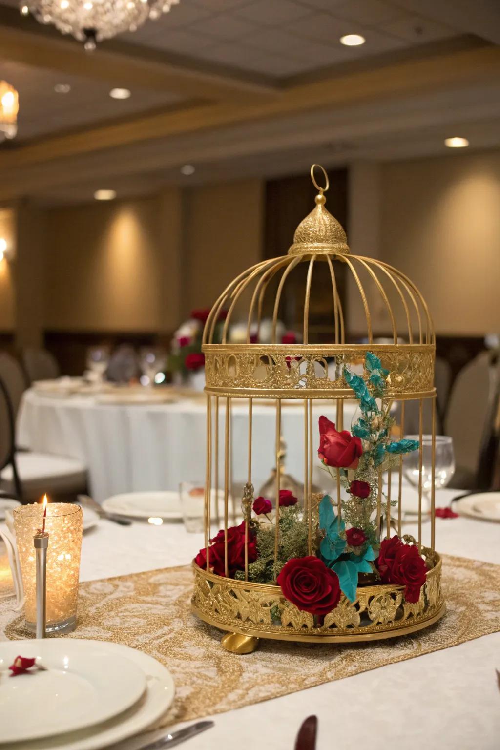 A glamorous gilt cage centerpiece accentuated by opulent particulars.