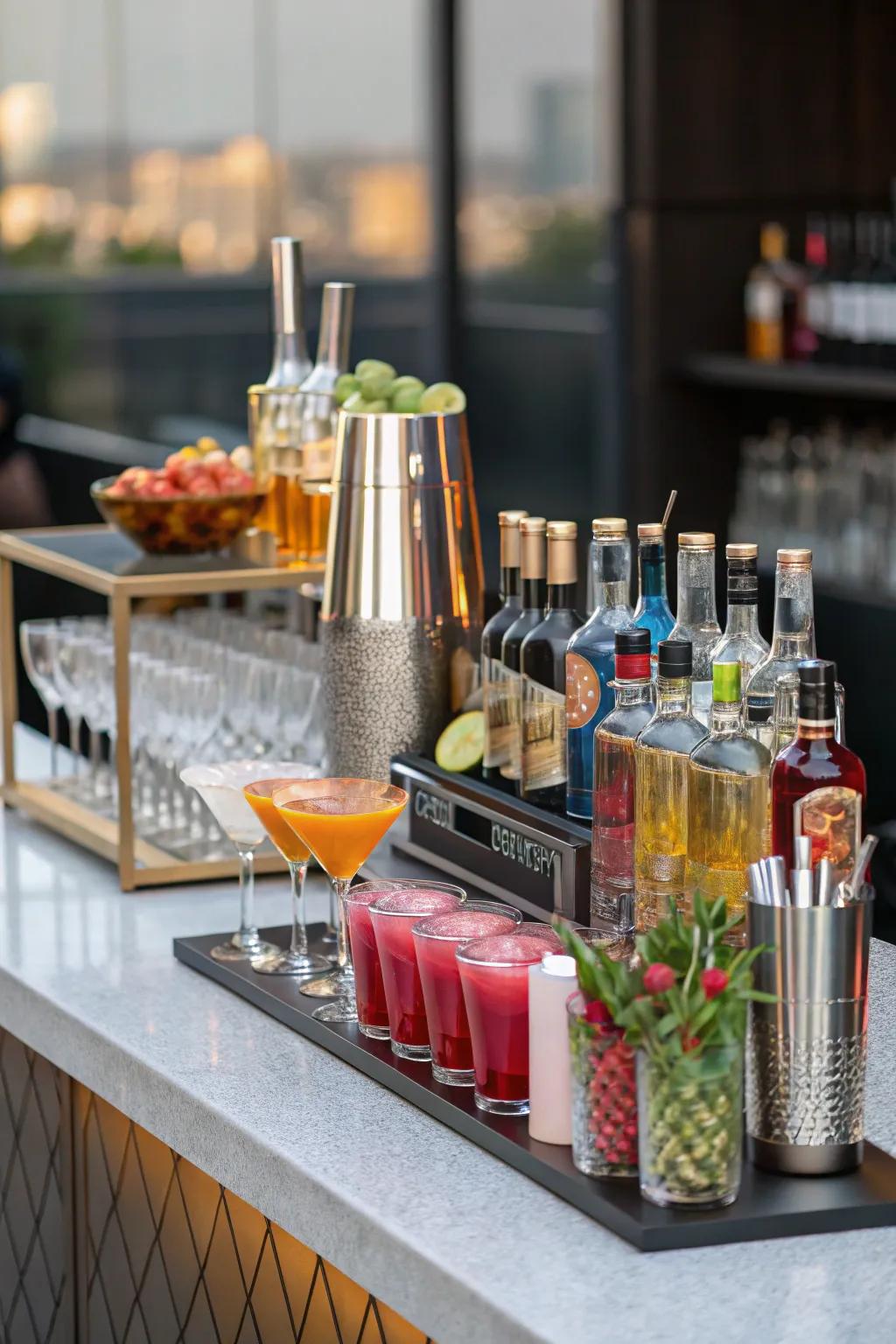 An elegant blending station featuring a selection of premium spirits and blenders.