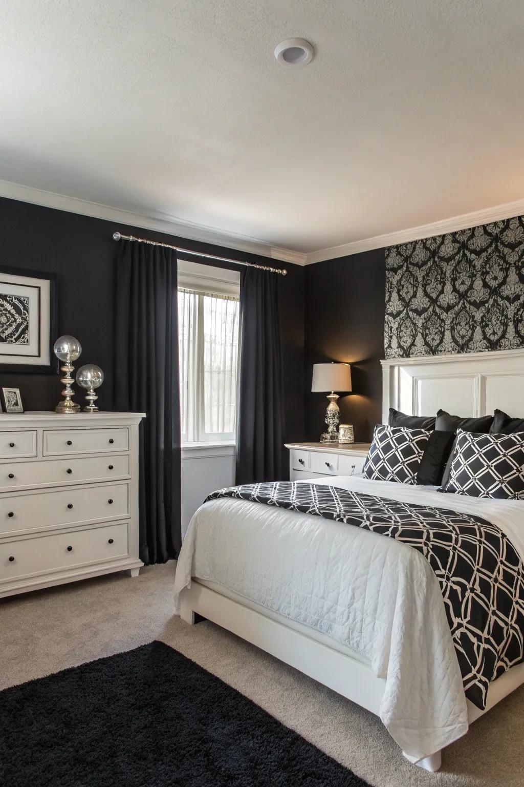 Monochrome shades cultivate a refined style incorporating a black statement wall.