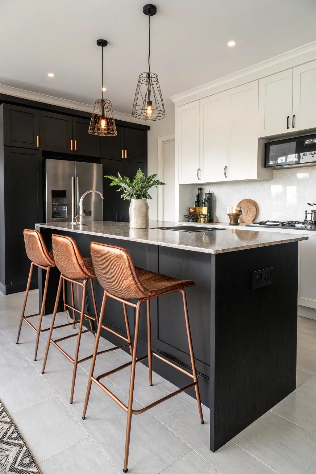 Copper bar stools add a chic nuance to a modern black kitchen.