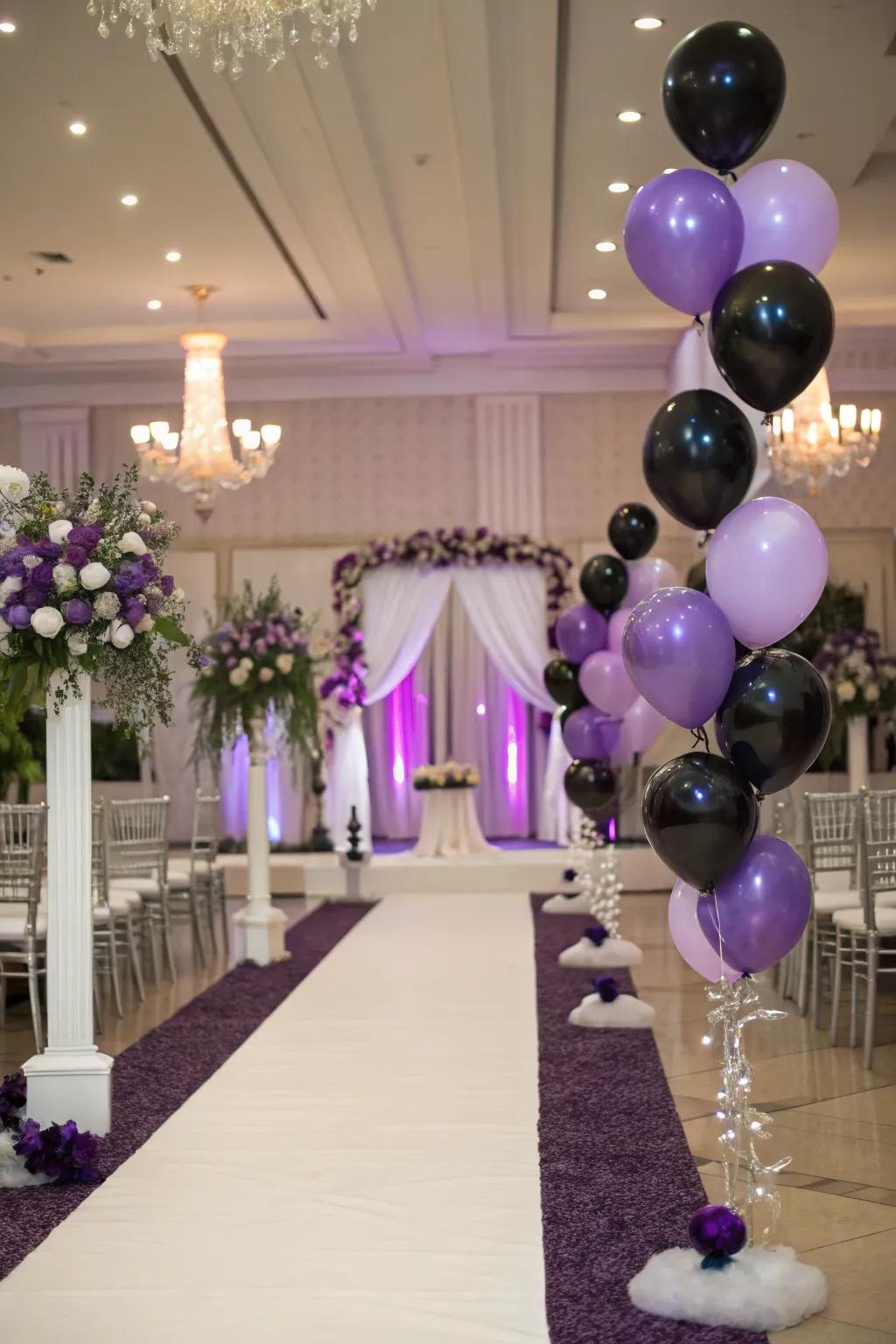 Playful decorations of purple and black balloons.