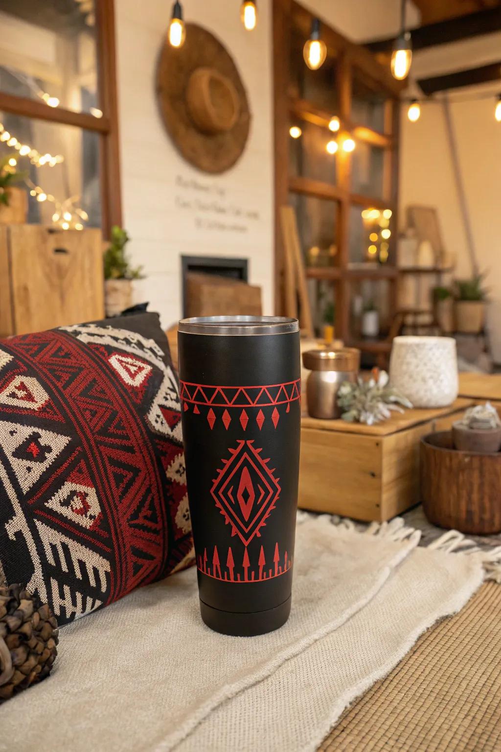 Distinctive tribal patterns in onyx and crimson for a cultural embellishment.