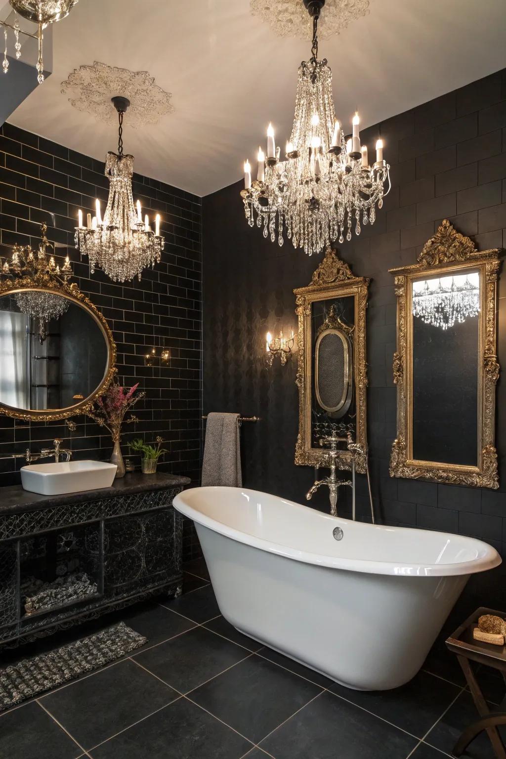 Crystal accents introduce vintage glamour to ebony bathrooms.