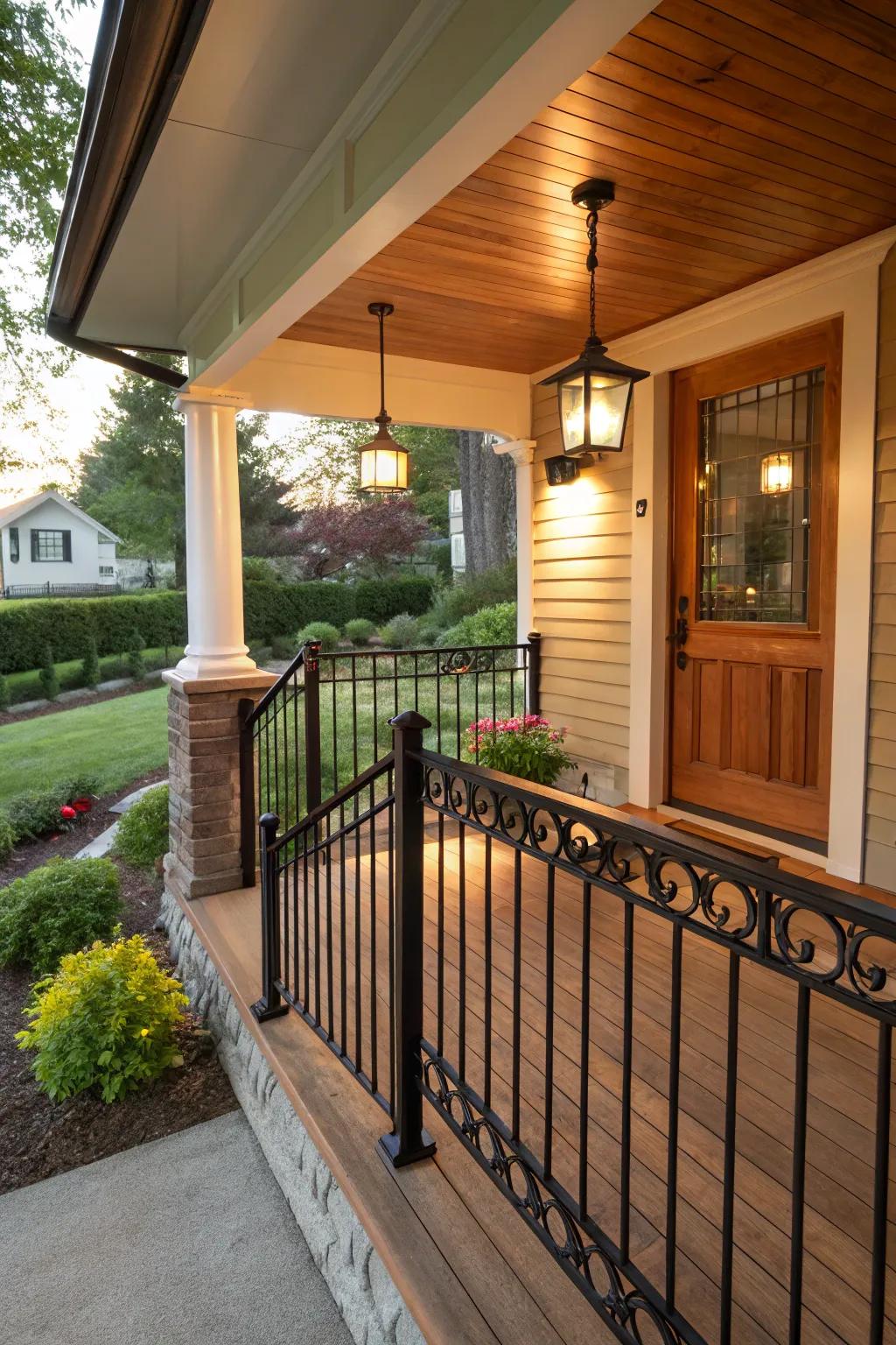 A natural wood top rail adds warmth to black metal railings.