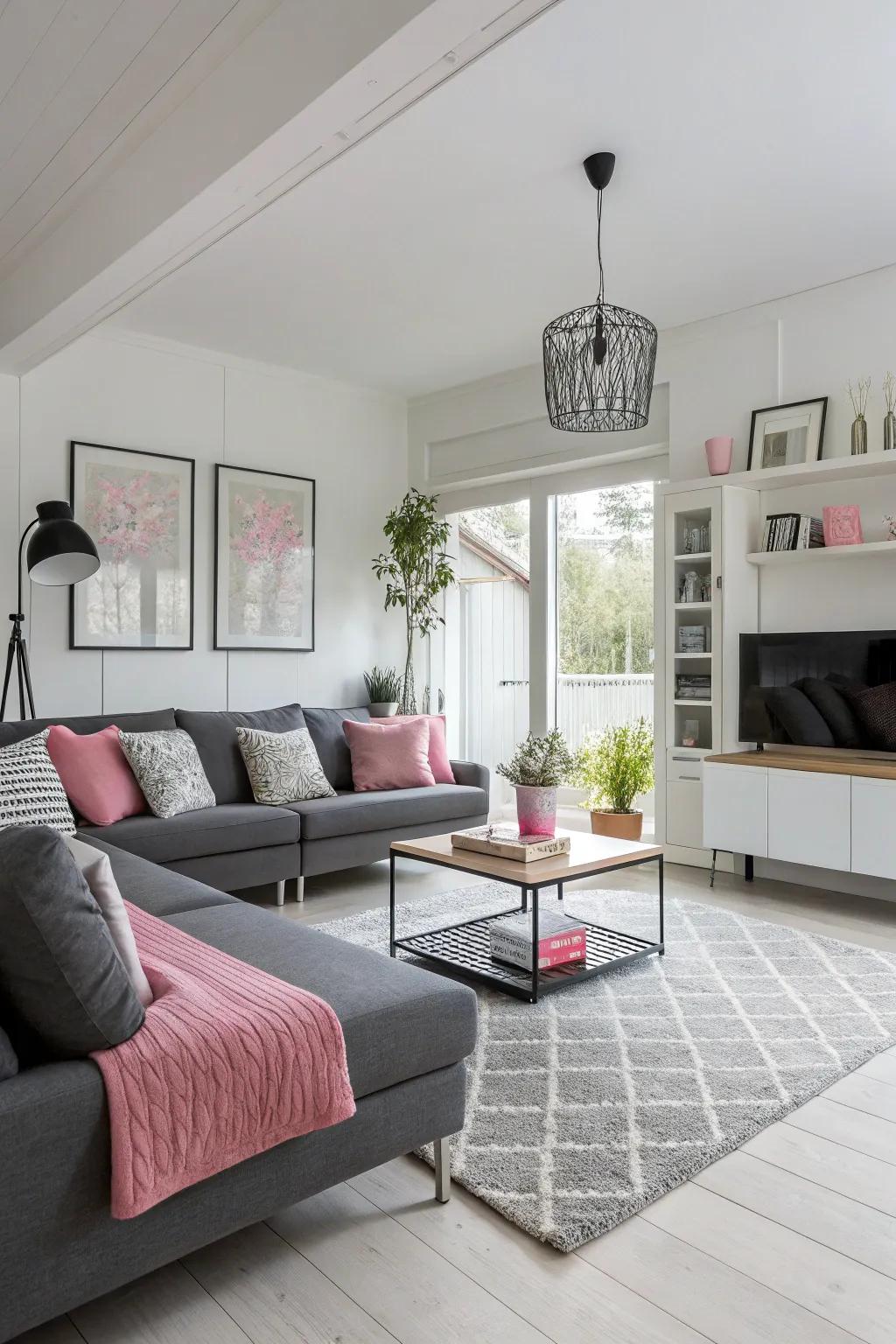 Scandinavian straightforwardness with rose highlights creates balance and serenity.