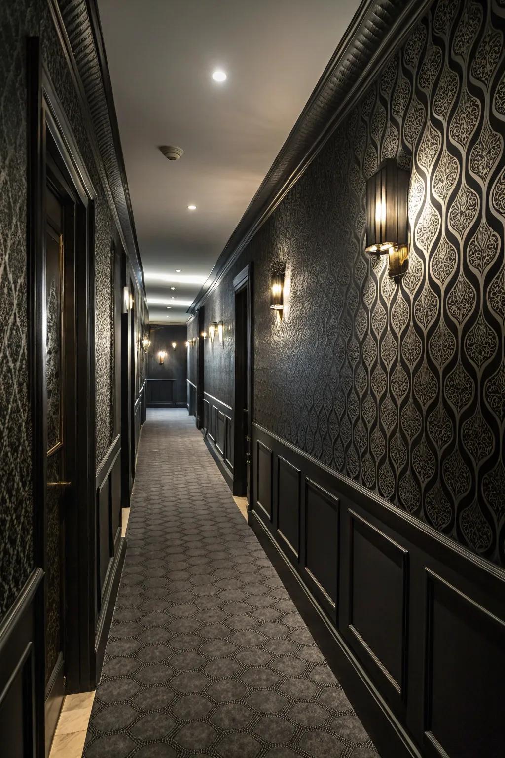 Textured walls introduce dimension and intrigue to a dark entryway.